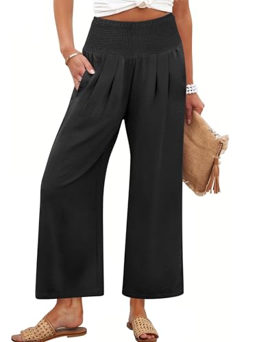 ANRABESS Womens Pants Wide Leg High Waisted Palazzo Pants Summer Flowy Beach Lounge Casual Trousers with Pockets Black Medium