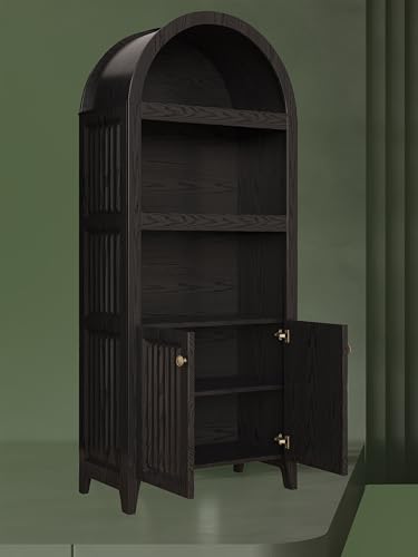 BIASUNS Arched Storage Cabinet with Fluted Panel, Tall Modern Bookshelf with Cabinet, Farmhouse Kitchen Pantry Cabinets for Home Office Living Room, Vintage Black