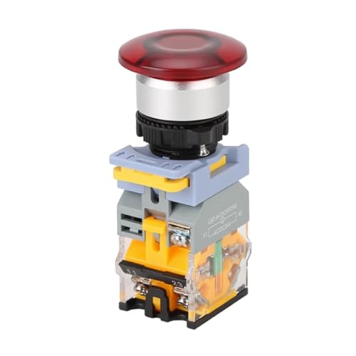 Mushroom Push Button Switch LED Waterproof 22mm Self-Locking Momentary Self-Reset Power Button Switch with Light 12V 24V 220V(Yellow,1NO_MOMENTARY_24V)