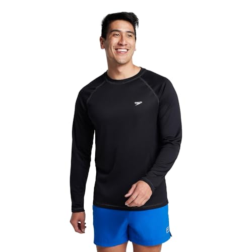 Speedo Men's UV Shirt Long Sleeve Loose Fit Easy Tee athletic technical swimsuits, Speedo Black, X-Large US