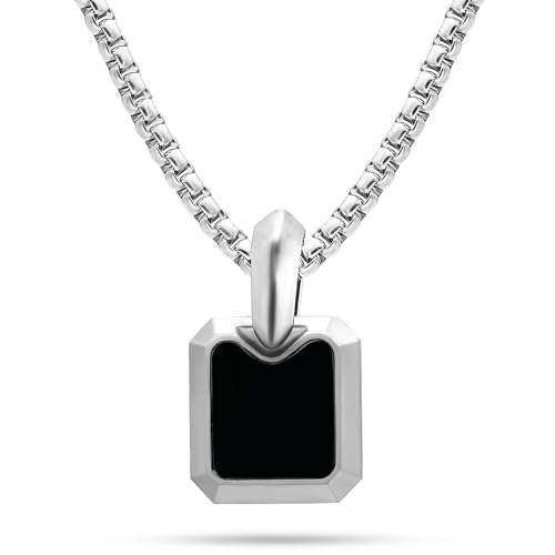 RTZN® Black Onyx Necklace for Men – Premium Artisan Black Onyx Square Pendant Necklace with Stainless Steel Box Chain 22" Inch + 2" Extension