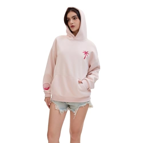 TUETENI Pink Palm Puff Hoodie Teen Girls Cute Hoodie Hibiscus Flower Embroidery Pattern Pullover(Large)