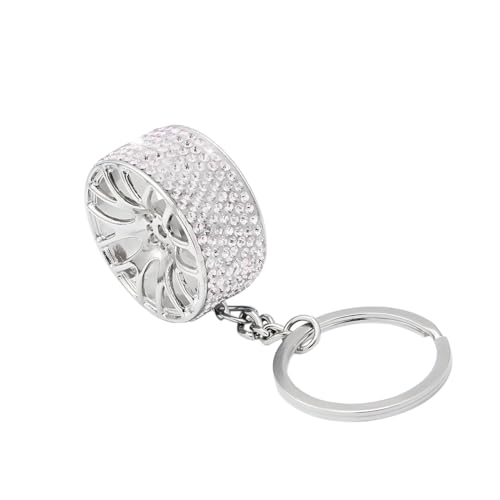 Bittwee Bling Car Tire Wheel Keychain, Mini Reinestone Crystal Wheel Rim Keyring Keyfob for Women Men, Universal Fit（White）