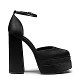 DREAM PAIRS Women’s High Chunky Platform Closed Toe Block Heels Square Toe Ankle Strap Dress Wedding Party Pumps Shoes Aurelia,Size 6,Black-Satin,SDPU2319W