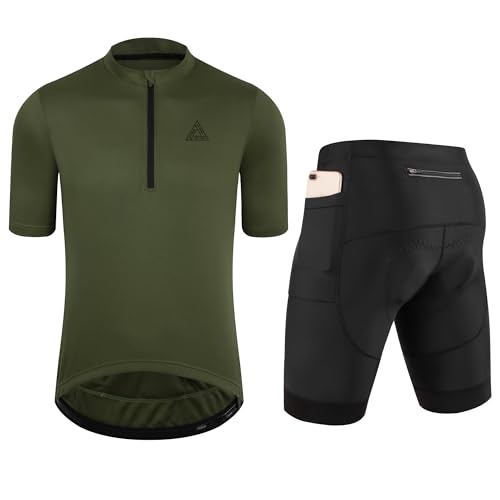 OFF PRND Men's Cycling Jersey 1/3 Zipper Cycling Clothing Set Solid Color Club Fit, Bike Jersey and Shorts Zipper Pocket (Army Green, M)