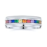 Personalize Unisex Colorful Couples CZ Rainbow LGBTQ Eternity Ring Wedding Band Ring Men Women Silver Tone Stainless Steel 8MM Customizable