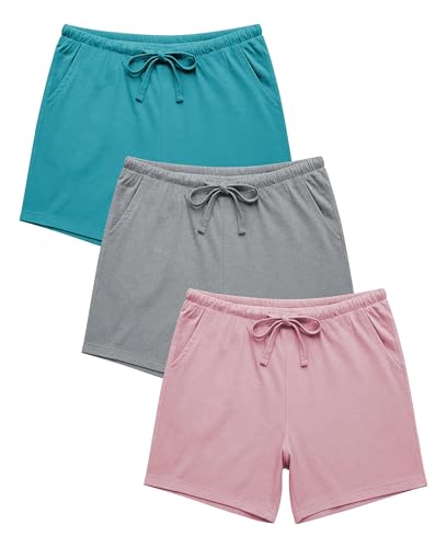 Sexy Basics Women's 3 Pack Cotton Sleep Pajama Shorts with Pockets & Drawstring (3 Pack- Pink/Turqoise/Grey, Medium)
