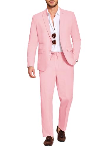 COOFANDY Men's Linen Suits Set Slim Fit Fashion Beach Wedding Groomsmen Party Travel Sport Coat Casual Pants Pink