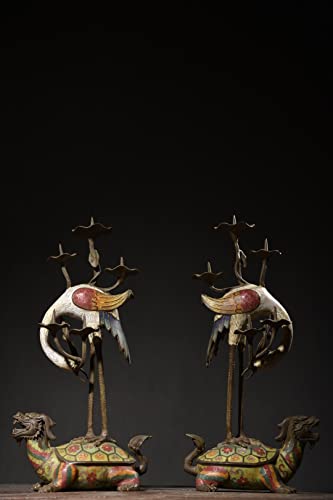 17" Tibetan Temple Collection Old Purple Bronze Cloisonne Enamel red-Crowned Crane Dragon Turtle Longevity Candlestick A Pair Ornaments Amass Wealth