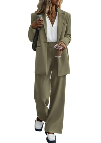 PRETTYGARDEN Women's Fall Two Piece Outfits Dressy Blazer Jacket and Wide Leg Pants Pockets Business Casual Office Suit Sets (Army Green,Medium)