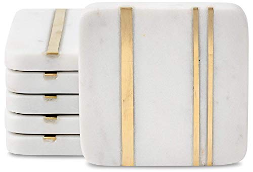 Cork & Mill Marble Coasters Set of 6 - Real Natural Stone - Luxury Aesthetic Square Coasters - Neutral White Marble with Gold Brass Inlay - Semi Absorbent Stone