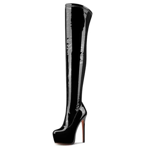 Aachcol Patent Leather Over The Knee Stiletto Boots Platform Thigh High Boots Round Toe Side Zipper Sexy Dress High Heel Boots 5.9 Inches Heels Black 8 M US