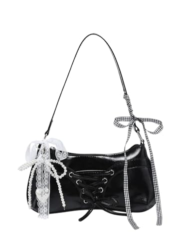 Verdusa Women's Y2K Coquette Bow Tie Vintage Shoulder Bags Lace PU Leather Kawaii Purse Handbag