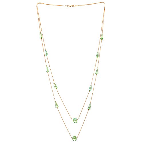 COOLSTEELANDBEYOND Gold Statement Necklace Two-Strand Long Chains with light Green Cone Crystal Beads Charms Pendant
