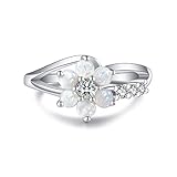 LARDROK Exquisite Round Cut White Created Opal Stone Flower Created Opal Rings Women Jewelry Birthday Proposal Gift Bridal Engagement Party Band Rings