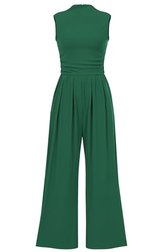 PRETTYGARDEN Womens Summer Jumpsuits Dressy Casual One Piece Outfits Sleeveless Mock Neck Wide Leg Pants Rompers with Pockets (Green,Medium)