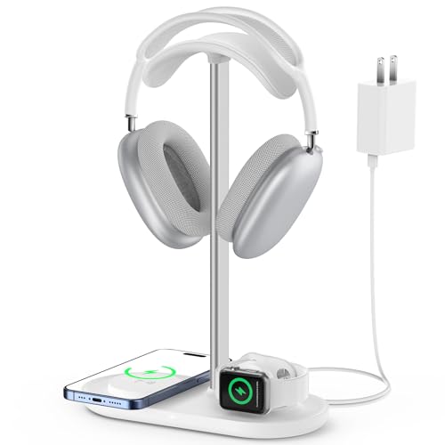 HiWe 3-in-1 Headphone Stand - Universal Desktop Gaming Headset Holder with Wireless Charger for Phones/AirPods/iWatch, Aluminum Alloy Rod, Leather Pad, ABS Solid Base, White