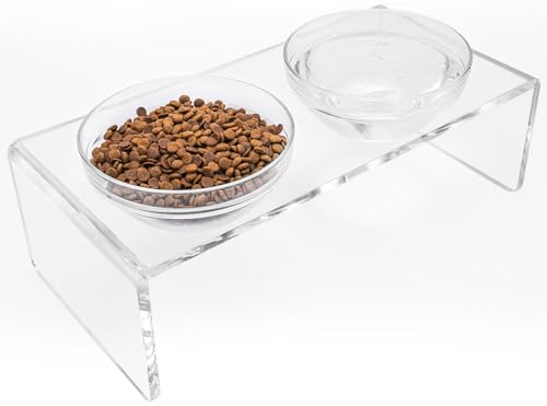 Acrylic Elevated Dog Cat Bowls Pet Feeder Double Bowl Raised Stand Comes with 2 Removable Glass Bowls and 2 Stainless Steel Bowls.Perfect for Large Dogs, 7.2" Tall