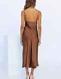 HKMECRI Summer Satin V Neck Silp Midi Dress for Women Wedding Guest 2023 Sexy Spaghetti Strap Backless Long Dresses with Slit Brown