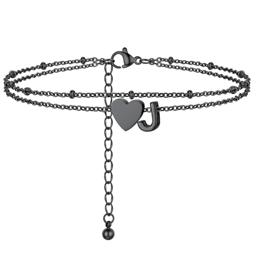 PROSTEEL Initial J Anklet for Women Letter Jewelry Black Alphabet Double Layered Ankle Bracelet Heart Anklets