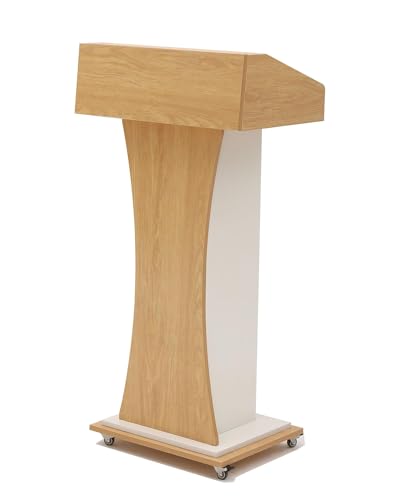 Xibolai Mobile Wooden Podium Stand with Lockable Wheels Modern Presentation Blockboard Lectern Oak Color with Storage Shelves for Office, Church, Classroom, Conference Room