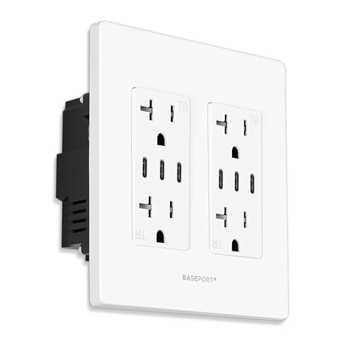 BASEPORT Premium USB Outlet, Duplex 125V 20 Amp Tamper Resistant Wall Outlet with USB Ports, 4 AC Outlets Total and 6 USB C Outlets Receptacles, 36W Power Delivery, Double Gang White Wall Plate