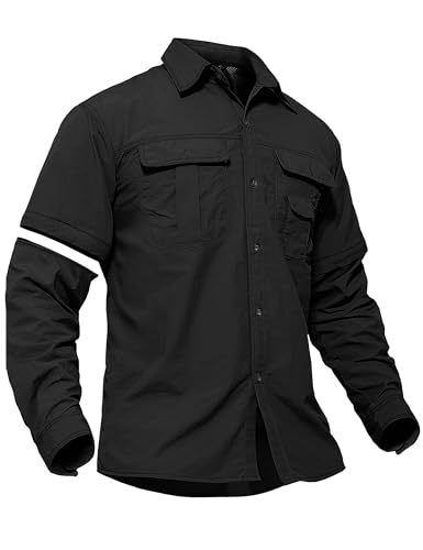 TACVASEN Men's Long Sleeve Work Shirt for Construction Button Up Zip Off Sleeve Tactical Shirts Cargo Nylon Clothes Black, L