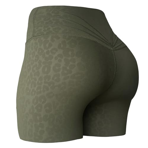 Aoxjox Trinity Workout Biker Shorts for Women Tummy Control High Waisted Exercise Athletic Gym Running Yoga Short 6" (Olive Green Leopard Print, Small)