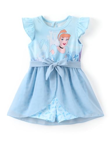 Disney Princess Cinderella Toddler Girl Romper With Tulle Skirt Overlay Blue Character Print Ruffle Sleeve Tie Waist Bow Birthday Summer Jumpsuit 5-6Y