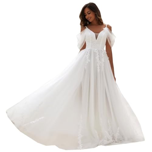 YMFFW Tulle Lace Beach Wedding Dress 2024 A Line Simple Boho Wedding Gowns Plus Size Bride Dress Ivory US6