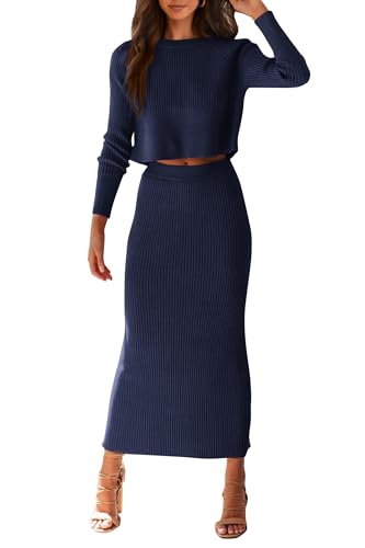 PRETTYGARDEN Women's Spring Fall 2 Piece Sweater Set Rib Knit Long Sleeve Crop Top Maxi Bodycon Skirt Casual Winter Outfits (Dark Blue,Small)