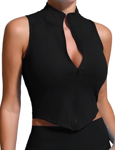 Women Sleeveless Zip Up Tank Top Curve Hem Yoga Workout Slim Fit Vest Track Jacket Seamless Stretch Fitted Gym Tank Running Pilates Golf Shirt Tees 2025 Black