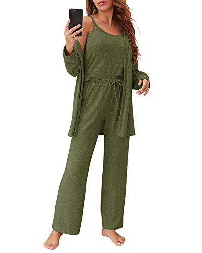 Fessceruna Womens 3 Piece Pajama Set Cami Tank Top Wide Leg Pants and Cardigan Loungewear Lounge Sets Army Green
