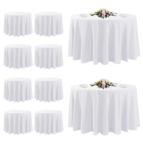 10 Pack White Round Tablecloths, 120 Inch Stain Resistant and Wrinkle Polyester Fabric Washable Table Clothes Cover for Kitchen Dining, Wedding, Reception Banquet, Birthday Party, Buffet Restaurant