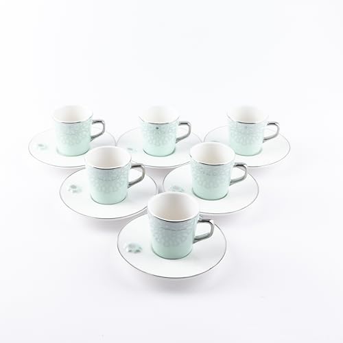 Otantik Home Asala Collection Espresso Turkish Coffee Set 12 Pc, Bone China Porcelain, 80ml Cups with Saucers, Elegant Design for Coffee, Espresso, Turkish, and Arabic Coffee (Teal & Silver)