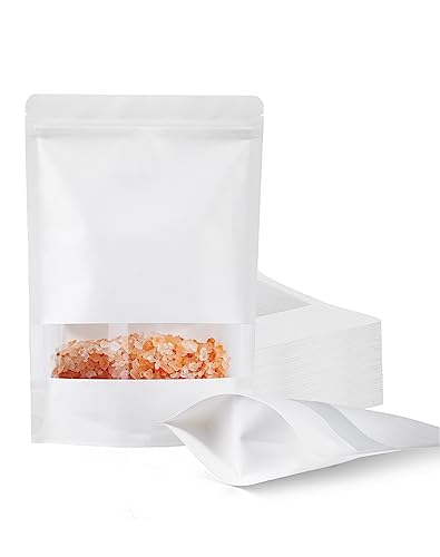 FireKylin 100 Pcs White Kraft Paper Bags with Window, 6.3/inch x 8.6/inch Stand Up Pouches Bags, Zip Lock Food Storage Bags for Packaging Products, Reusable, Sealable