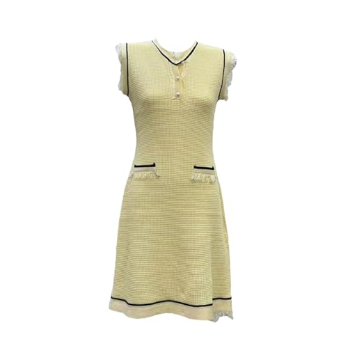 Women's Tassel V-Neck Knitted Mini Dress - Korean Sweet Sleeveless A-Line Party Picture Color