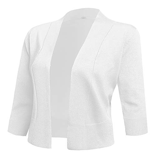 AAMILIFE Women's 3/4 Sleeve Cropped Cardigans Sweaters Jackets Open Front Short Shrugs for Dresses White M