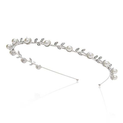 SWEETV Pearl Silver Bridal Headband-Single Hair Band Tiara Flower Wedding Headpiece Jewelry Bridal Hair Accessoires for Women