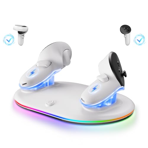 SAQICO Compact Charging Dock for Meta Quest 3/3s/2 Controllers with RGB Light, VR Accessories Display Stand & Wireless Charging Station for Oculus Controllers with Rechargeable Batteries (2100mAh*2)