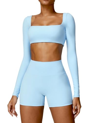 ABOCIW Square Neck Long Sleeve Crop Tops for Women Tummy Control High Waist Biker Shorts 2 Piece Workout Sets Blue Medium