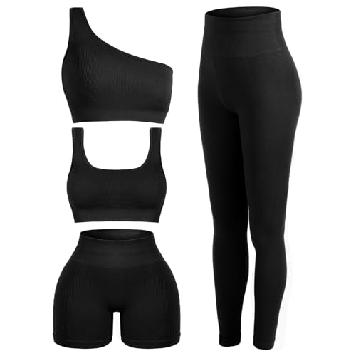 Floraltop 4 Pcs Women's Workout Sets Pilates Exercise Outfit Ribbed Scoop Neck Sports Bra Shorts Leggings Gym Clothes Set (Black,Large)