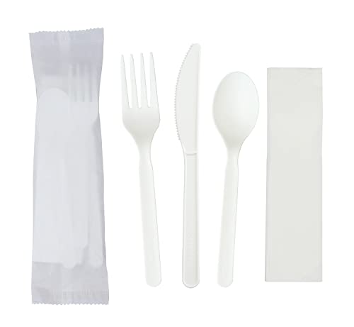 GreenWorks 6" Compostable CPLA Cutlery Kits, BPI Certified 200 Sets (Fork, Spoon,Knife,Napkin 4 in 1) Individually Wrapped With Compostable Bags，Alternative to Plastic Disposable Utensils