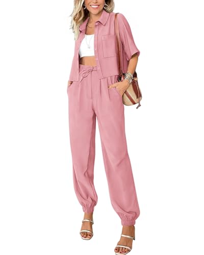 BTFBM Women's 2025 Summer 2 Piece Outfits Tracksuit Short Sleeve Cropped Button Down Shirt Long Pant Lounge Matching Set(Solid Pink, Large)