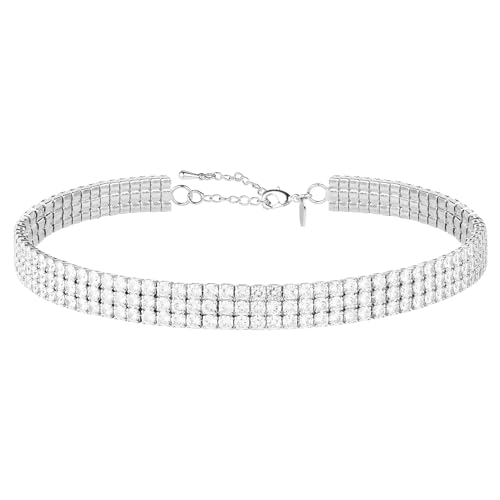 Silver Cubic Zirconia Choker Necklace for Women, 18K Real Gold Plated Faux Diamond Choker Necklaces for Costume, Bling Rhinestone Jewelry Gift for Prom Wedding Bridal Bridesmaids 12 Inch