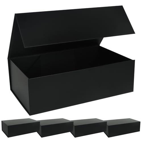 LFBOX Large Black Gift Box with Magnetic Lids 13.8x8.3x4.4 in, Bridesmaid Groomsman Proposal Boxes, Collapsible Rectangle Storage Box 5 Pack