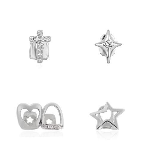 4PC Grillz for Women Gold Plated Silver Grills for Your Teeth Punk Rhinestones Cross Grillz Hollow Out Heart Star tooth cap Hip-Hop Jewelry Gift for Women Men (Silver)