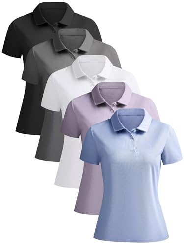 NebuKinex 5 Pack Women's Polo Shirts Short Sleeve 3 Buttons Collared Uniform Tops Moisture-Wicking T-Shirts for Work & Casual Small