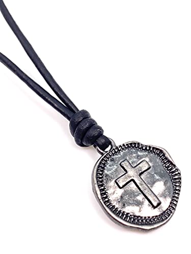 Cross Necklace Mens - Men Cross Coin, Religious Pendant, Medallion Necklaces, Christmas Gift, Catholic Pendant, Christian Charms, Women Gifts to Husband, Cute Crosses (Gunmetal, Black Leather)
