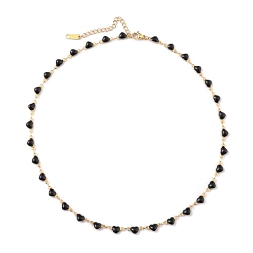 Black Heart Necklace for Women Trendy 18K Gold Plated Black Tourmaline Necklace Black Beaded Necklace Dainty Heart Choker Necklace Jewelry Gifts for Women Girls